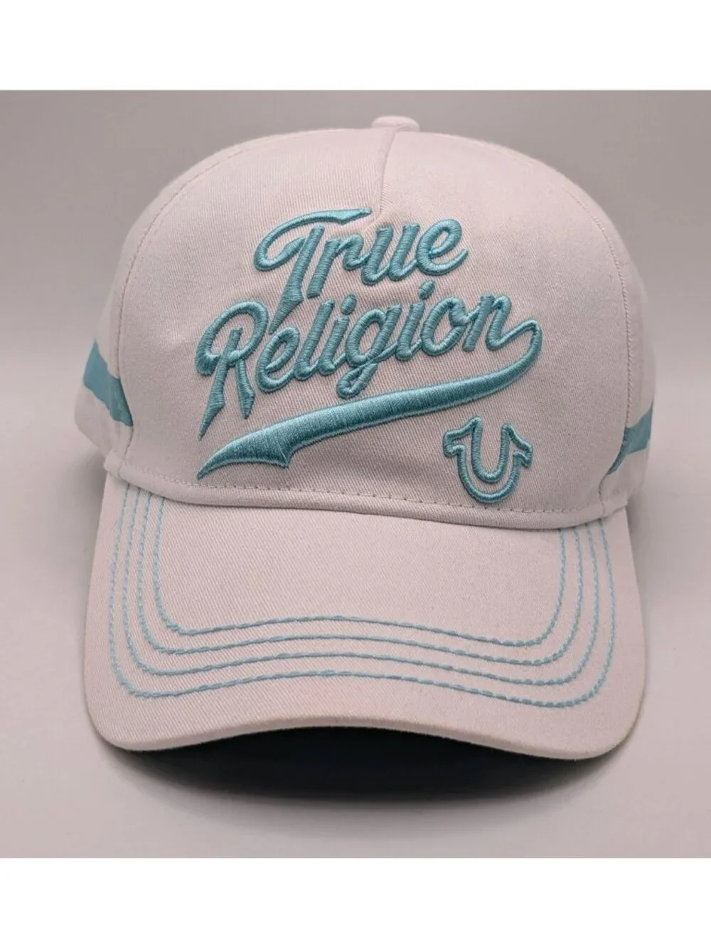 Vintage True Religion Hat Strap Back White Light Blue Unisex Y2K Thick Stitch